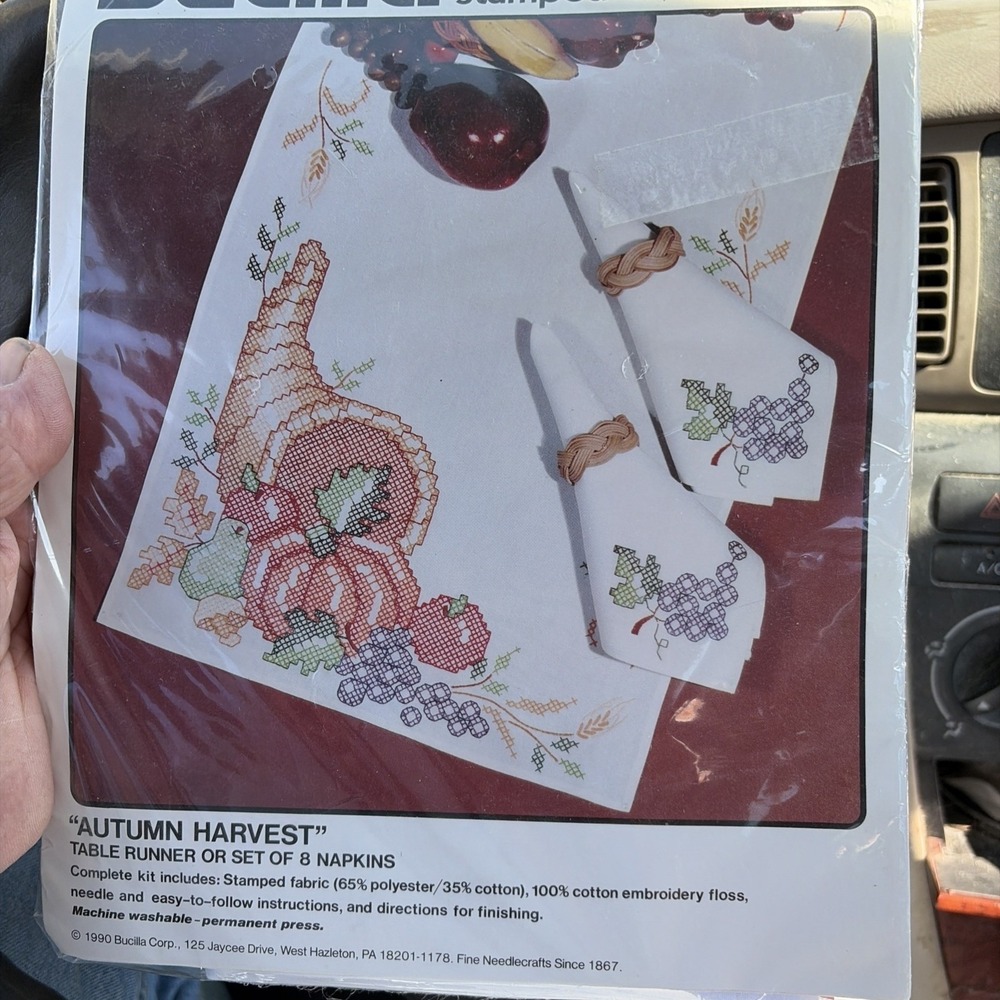 Autumn Harvest ~ 1990 Bucilla Stamped Cross Stitch Kit ~ 8 Napkins #82871